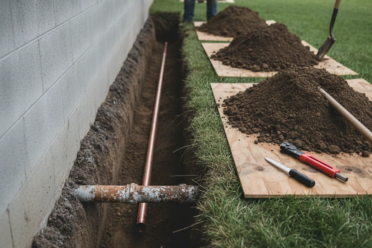 Excavated water line trench during Water Softener Installation in Tippecanoe